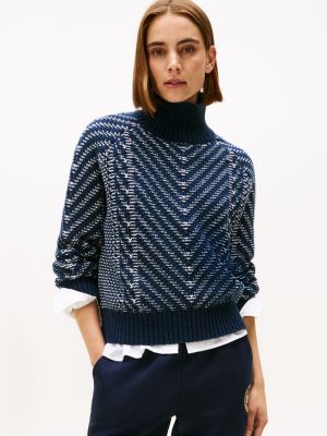 Wool-Blend Mixed Knit Turtleneck Sweater, Blue Texture