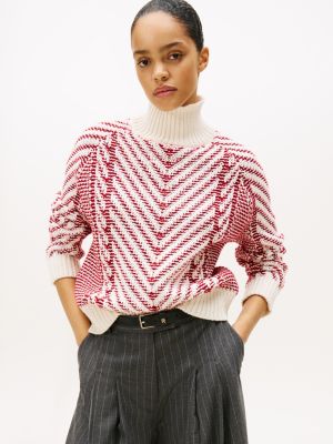 Wool-Blend Mixed Knit Turtleneck Sweater, Red Texture