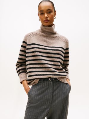 Stripe Wool-Cashmere Turtleneck Sweater, Beige / Black Stripe