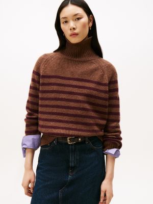 Stripe Wool-Cashmere Turtleneck Sweater, Brown Stripe