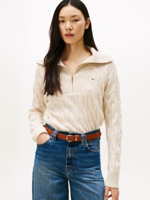 Cable Knit Quarter-Zip Sweater, Heather Oatmilk