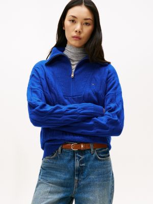 Cable Knit Quarter-Zip Sweater, Cobalt