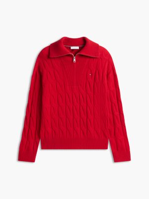 Женский свитер Tommy Hilfiger Cable Knit Quarter-Zip, цвет: Средний красный — фото 7