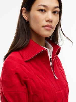 Женский свитер Tommy Hilfiger Cable Knit Quarter-Zip, цвет: Средний красный — фото 3