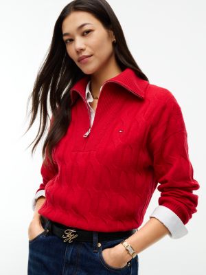 Женский свитер Tommy Hilfiger Cable Knit Quarter-Zip, цвет: Средний красный — фото 5