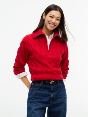 Женский свитер Tommy Hilfiger Cable Knit Quarter-Zip, цвет: Средний красный — фото 1
