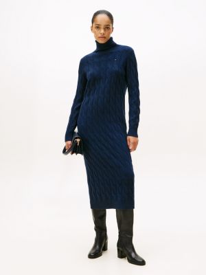 Wool Cable Knit Sweater Dress, Dark Blue