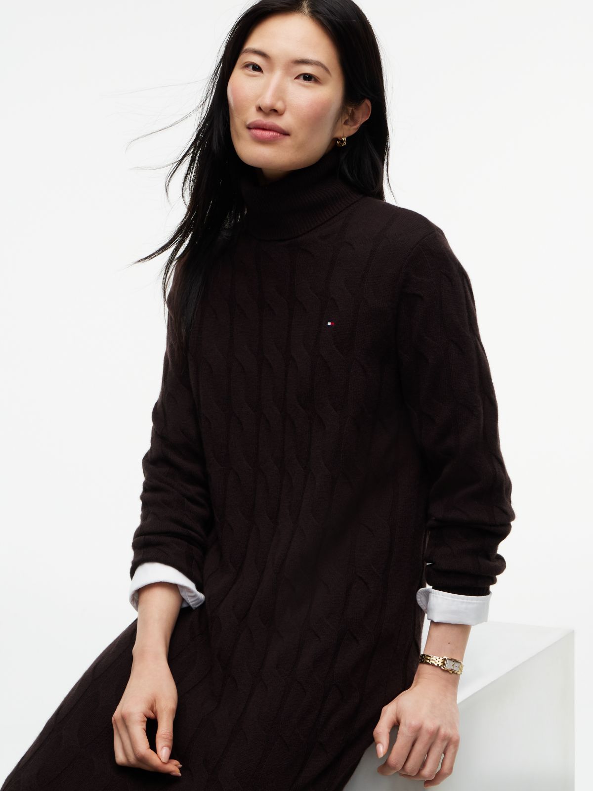 Cable Knit Wool Sweater Dress — Chocolate