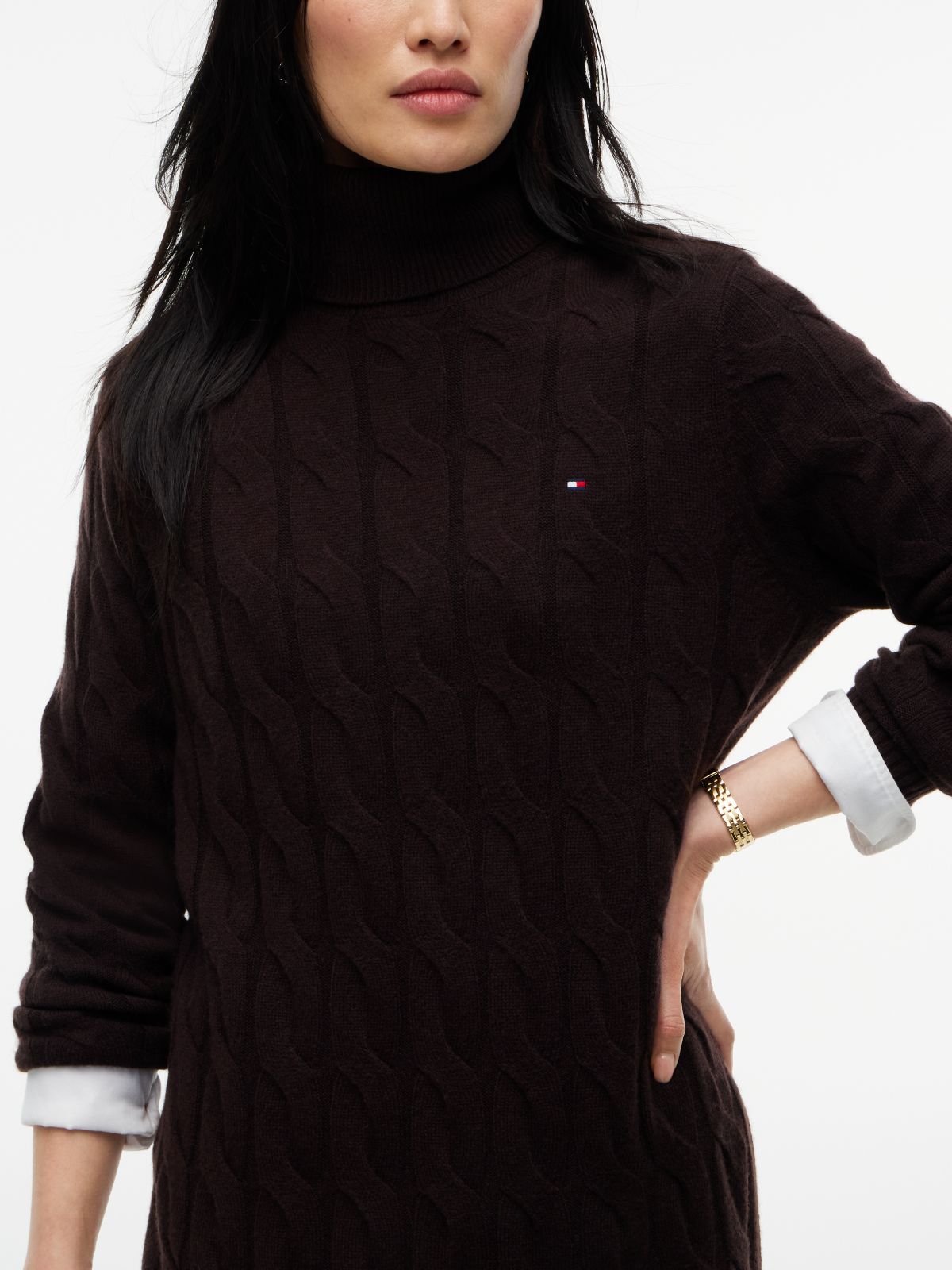 Cable Knit Wool Sweater Dress — Chocolate