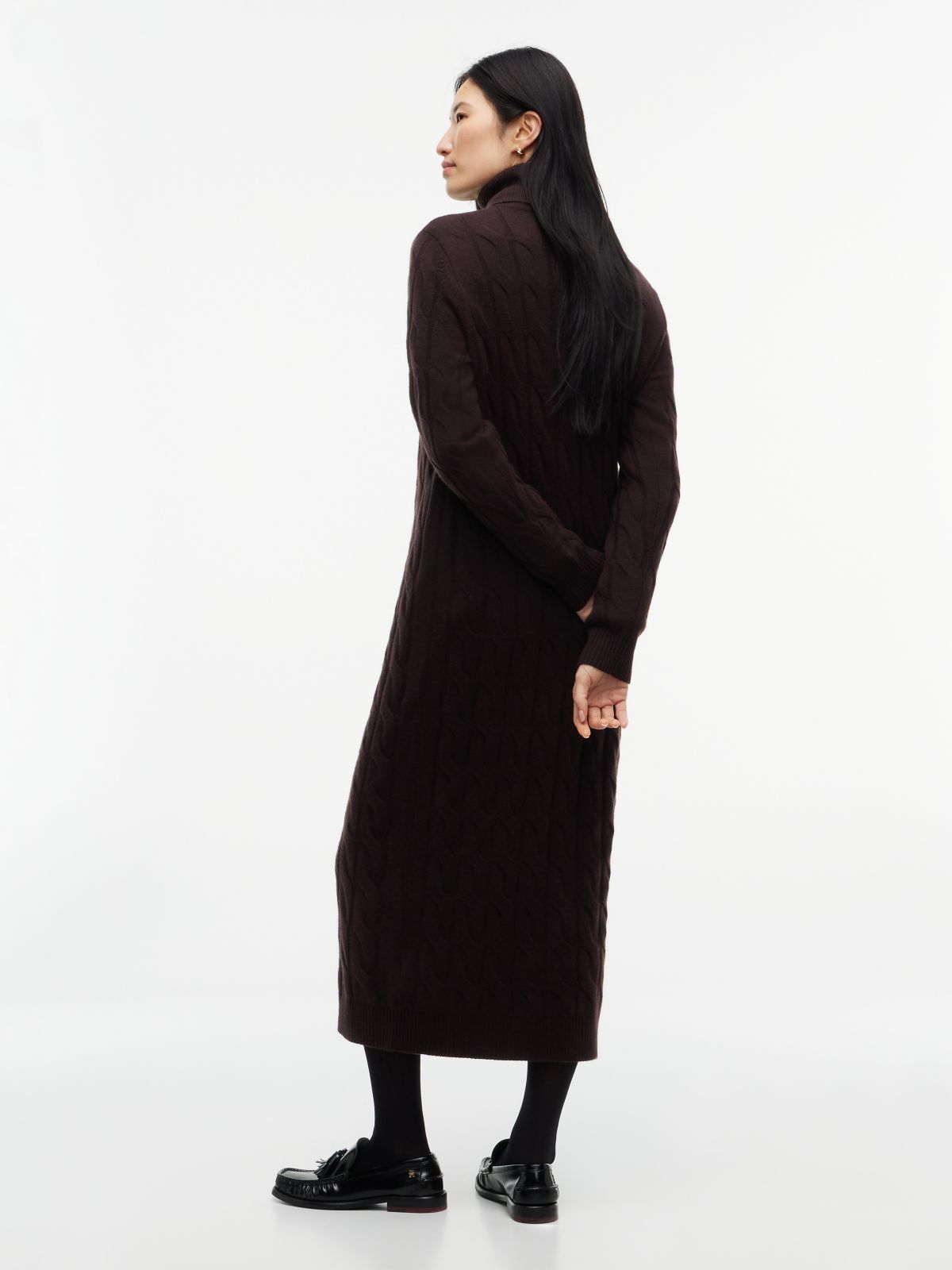 Cable Knit Wool Sweater Dress — Chocolate