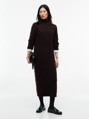 Wool Cable Knit Sweater Dress, Chocolate