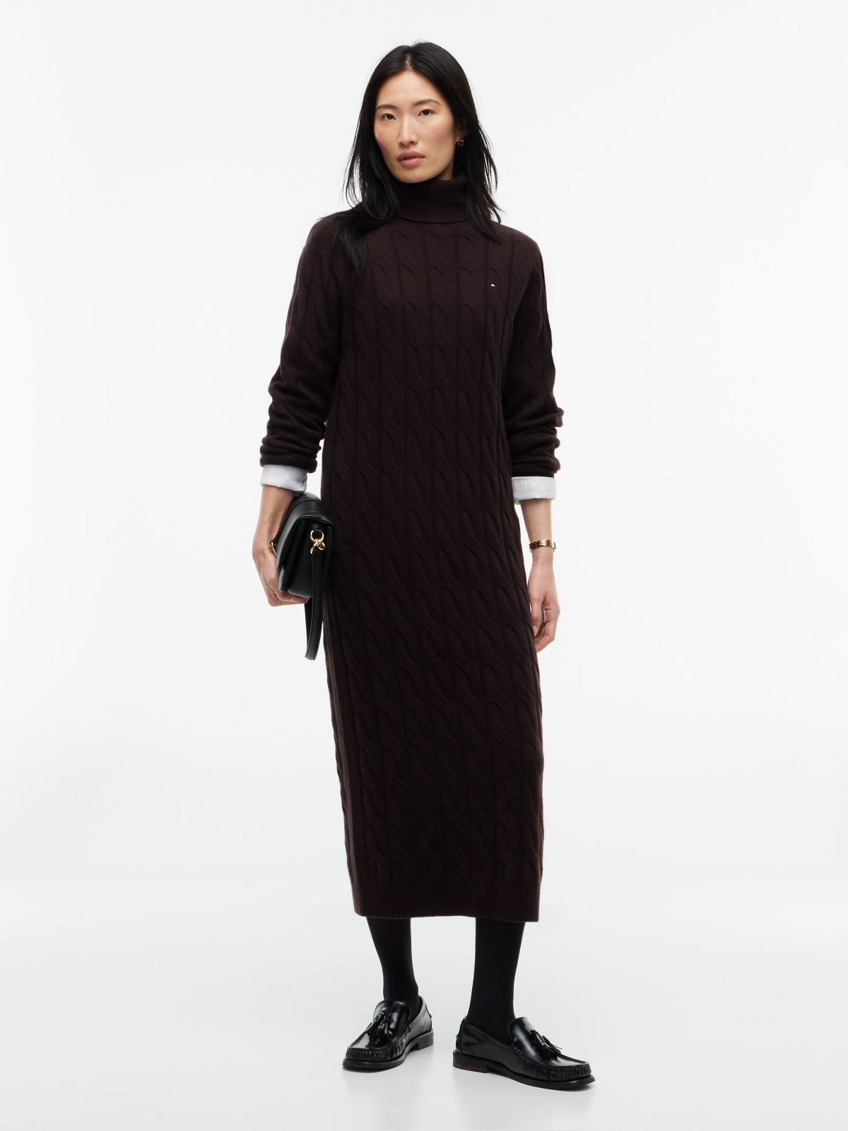 Cable Knit Wool Sweater Dress — Chocolate