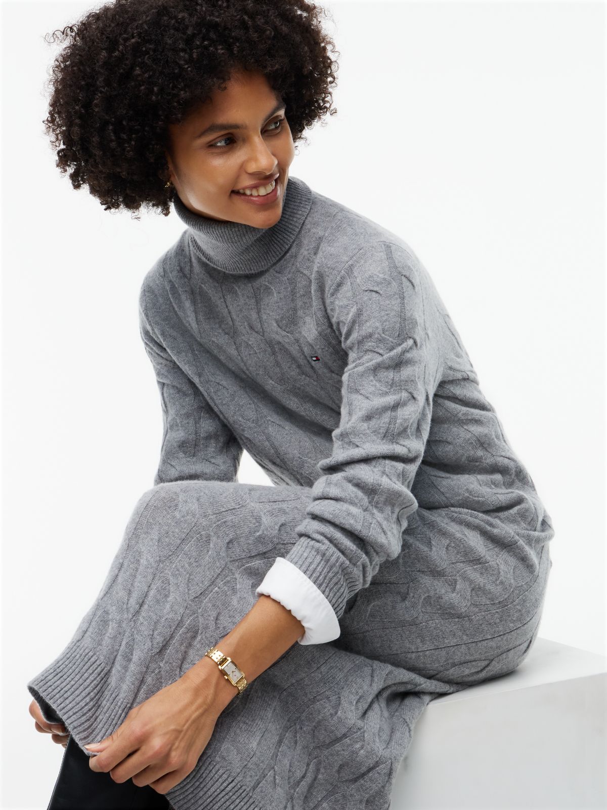 Cable Knit Wool Sweater Dress — Medium Grey Heather