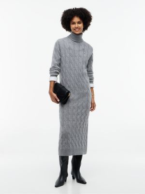 Wool Cable Knit Sweater Dress, Medium Grey Heather