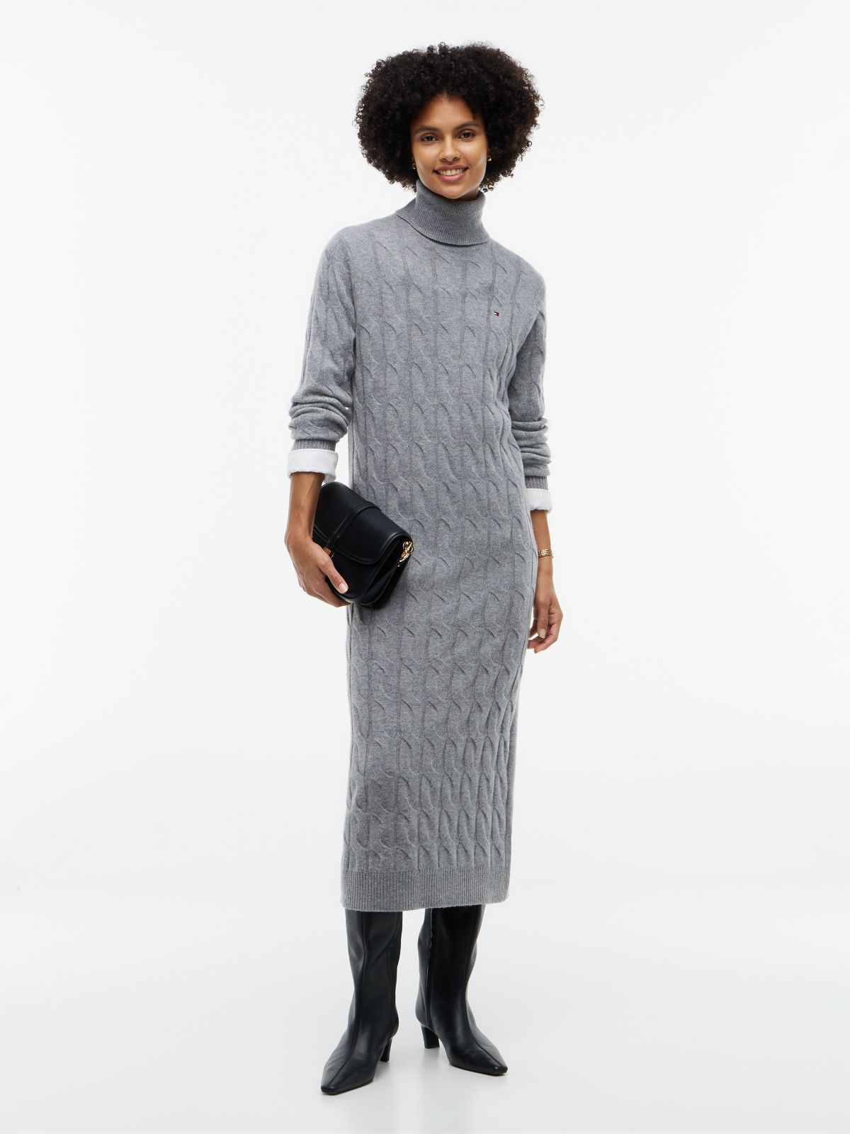 Cable Knit Wool Sweater Dress — Medium Grey Heather