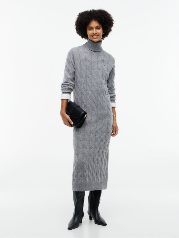Cable Knit Wool Sweater Dress — Medium Grey Heather