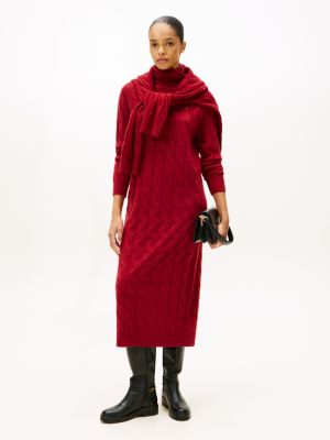 Wool Cable Knit Sweater Dress, Regatta Red