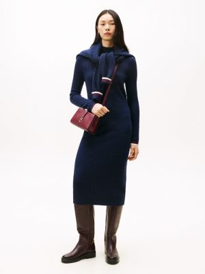Wool-Cashmere Cable Knit Midi Dress, Dark Blue