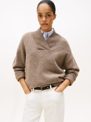 Shawl Collar Wool-Blend Sweater, Brown Marl