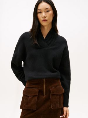 Shawl Collar Wool-Blend Sweater, Black