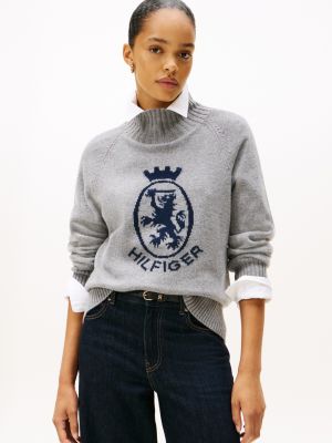 Intarsia Crest Logo Wool-Blend Sweater, Mid Grey Heather