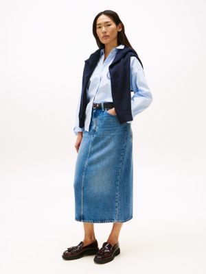 Lightweight Denim Straight Midi Skirt, Blue
