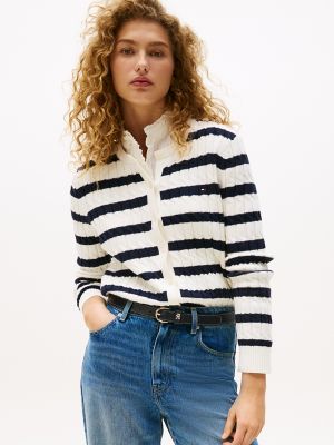 Cardigan en tricot torsadé, soie ivoire / rayures bleu marine foncé nuit