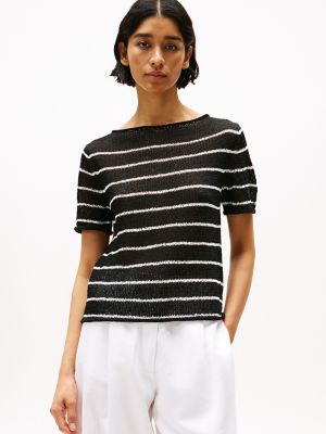 Short-Sleeve Textured Open-Knit Sweater, Black Stripe / Ecru