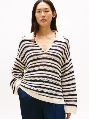 Crochet Polo Sweater, Desert Sand Dune / Dark Navy Stripe