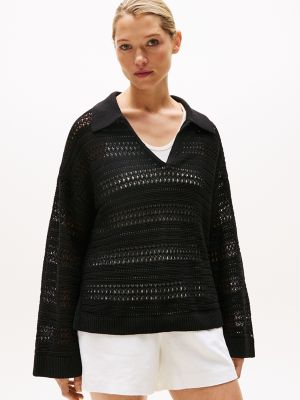 Crochet Polo Sweater, Black