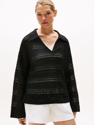 Crochet Polo Sweater, Black