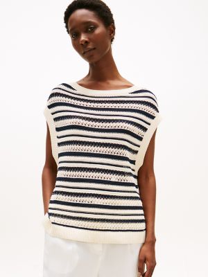Crochet Wide-Neck Sweater, Desert Sand / Navy Stripe