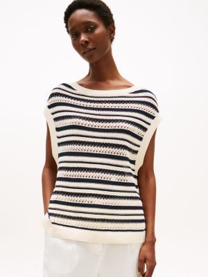 Crochet Wide-Neck Sweater, Desert Sand / Navy Stripe