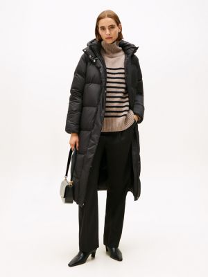 Hooded Down Long Coat, Black