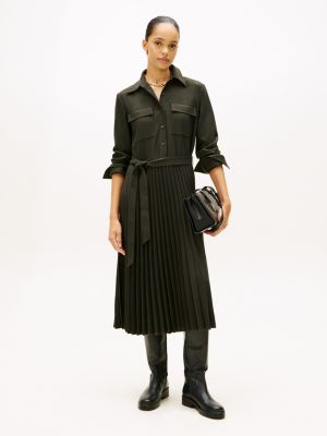Belted Pleated Twill Shirtdress, Battle Green Heather