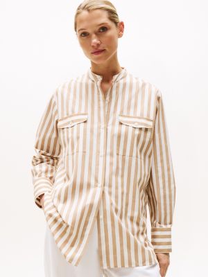 Collarless Poplin Shirt, Banker Stripe / Canvas