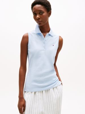 Slim Fit Sleeveless Stretch-Cotton Polo, Breezy Blue