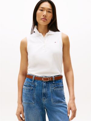 Slim Fit Sleeveless Stretch-Cotton Polo, Ecru