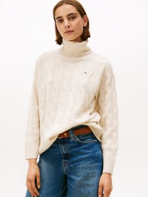 Wool Cable Knit Turtleneck Sweater, Heather Oatmilk