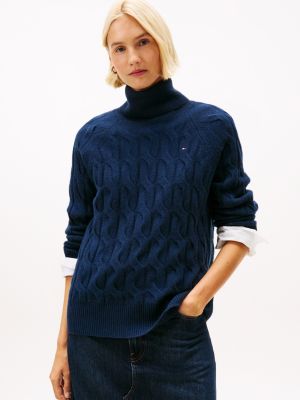 Wool Cable Knit Turtleneck Sweater, Dark Blue