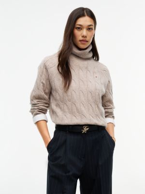 Cable Knit Wool Turtleneck Sweater, Light Camel Heather