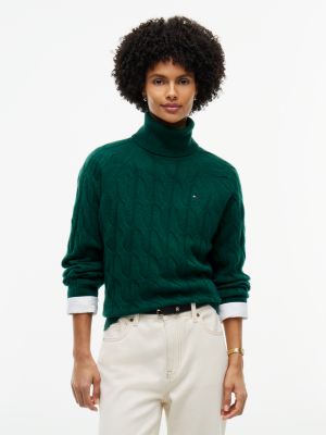Cable Knit Wool Turtleneck Sweater, Ornamental Green