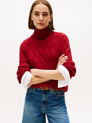 Wool Cable Knit Turtleneck Sweater, Regatta Red