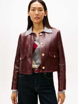Gold-Button Leather Lady Jacket, Deep Burgundy