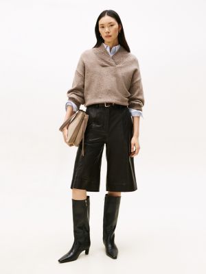 Leather Wide-Leg Culotte, Black