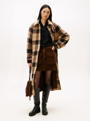 Plaid Wool-Blend Belted Oversized Coat, Brown/ Ow Check