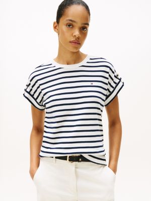 Relaxed Fit Roll-Tab Sleeve T-Shirt, Ecru / Dark Blue Stripe
