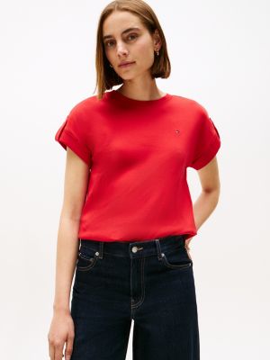 Relaxed Fit Cuff Sleeve T-Shirt, Red
