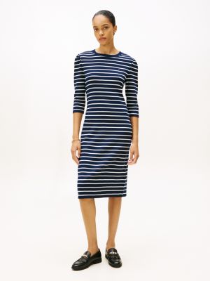 Puff-Sleeve Rib-Knit Dress, Ecru / Dark Blue Stripe
