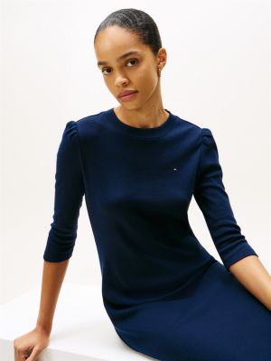 strapless open back dress Rib Henley Midi Dress With Puff Sleeves | Fit and Flare main image 1